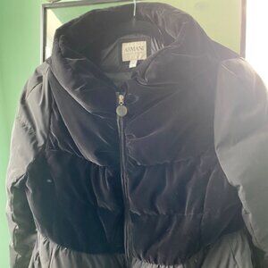 Armani black winter puffer coat with velvet detail